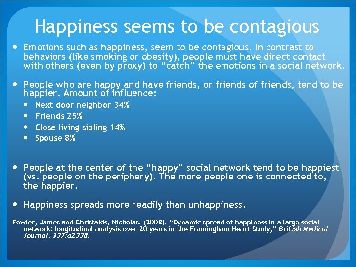 Happiness seems to be contagious Emotions such as happiness, seem to be contagious. In