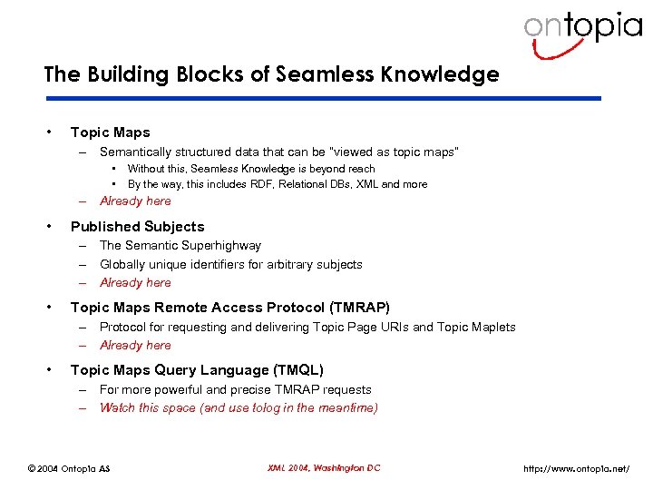 The Building Blocks of Seamless Knowledge • Topic Maps – Semantically structured data that