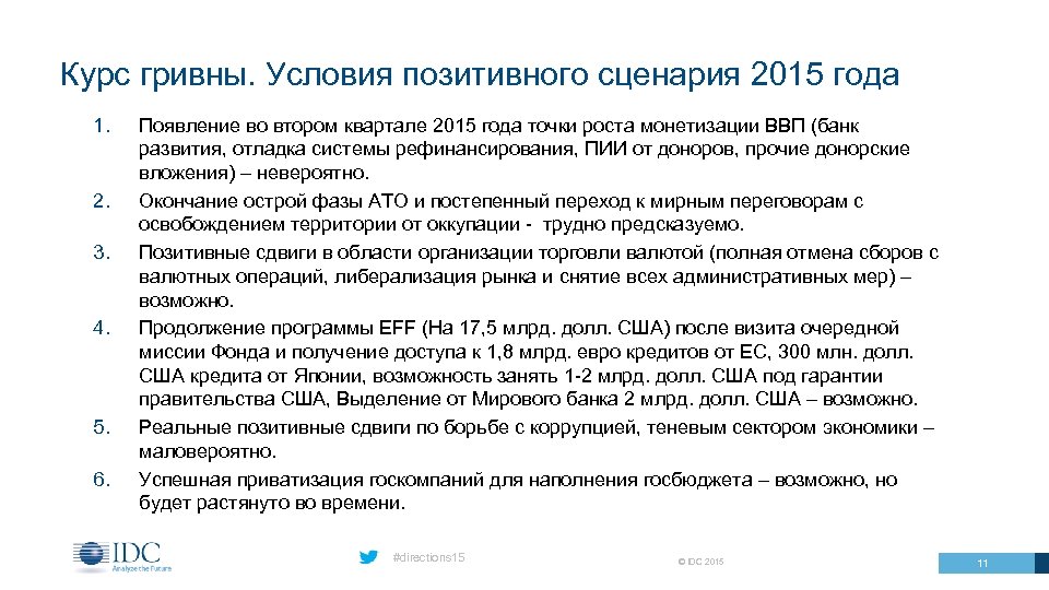 Курс гривны. Условия позитивного сценария 2015 года 1. 2. 3. 4. 5. 6. Появление