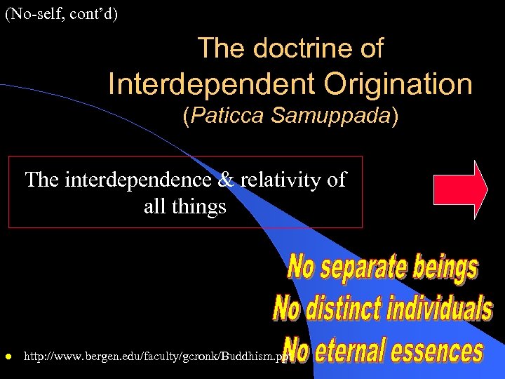 (No-self, cont’d) The doctrine of Interdependent Origination (Paticca Samuppada) The interdependence & relativity of