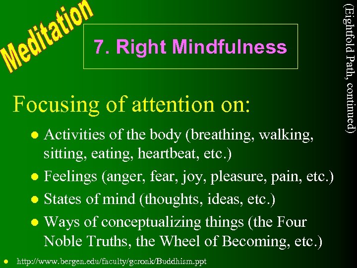 Focusing of attention on: Activities of the body (breathing, walking, sitting, eating, heartbeat, etc.
