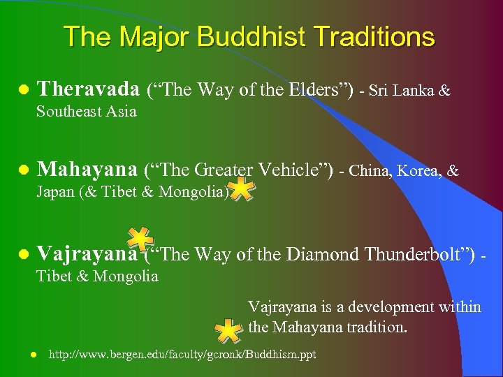 The Major Buddhist Traditions l Theravada (“The Way of the Elders”) - Sri Lanka