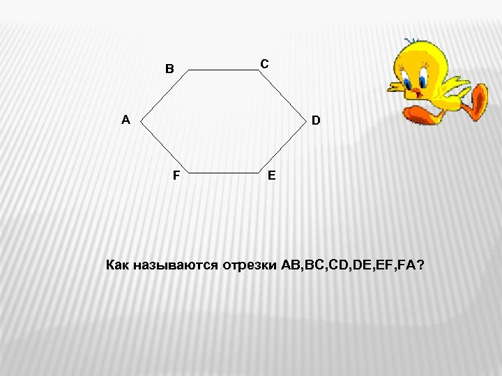 В С А D F Е Как называются отрезки AB, BC, CD, DE, EF,