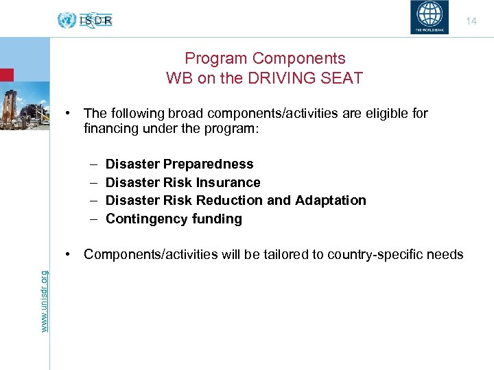 14 Program Components WB on the DRIVING SEAT • The following broad components/activities are