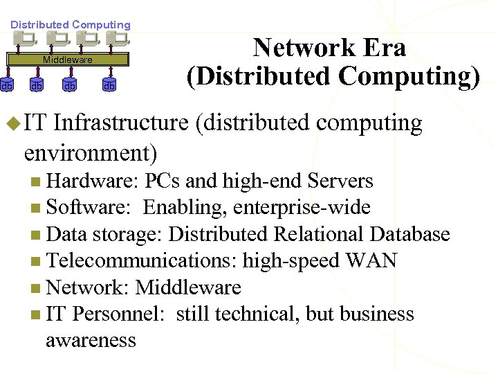 Distributed Computing Middleware db db Network Era (Distributed Computing) u IT Infrastructure (distributed computing