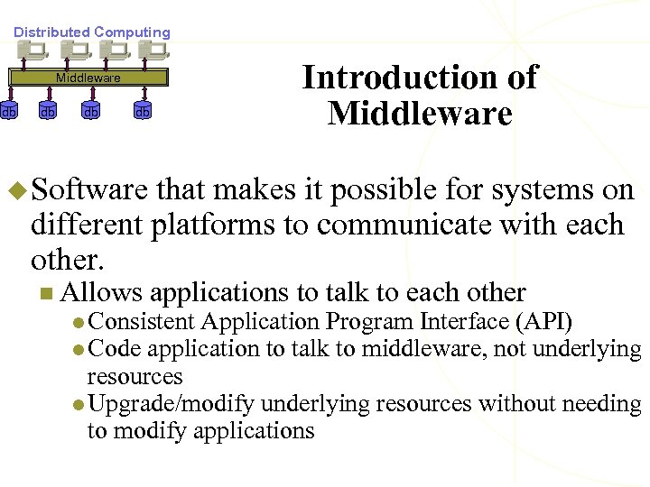 Distributed Computing Introduction of Middleware db db u Software that makes it possible for