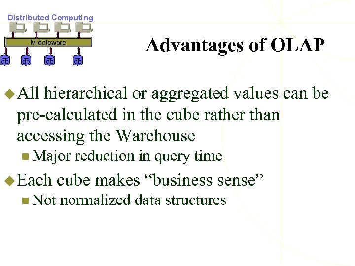 Distributed Computing Advantages of OLAP Middleware db db u All hierarchical or aggregated values