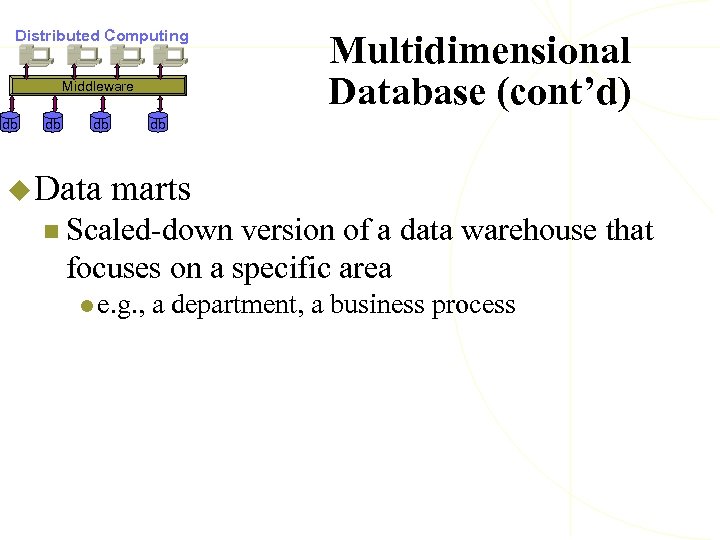 Distributed Computing Middleware db db db u Data Multidimensional Database (cont’d) db marts n