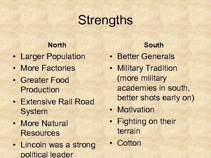 Strengths North South • Larger Population • More Factories • Greater Food Production •