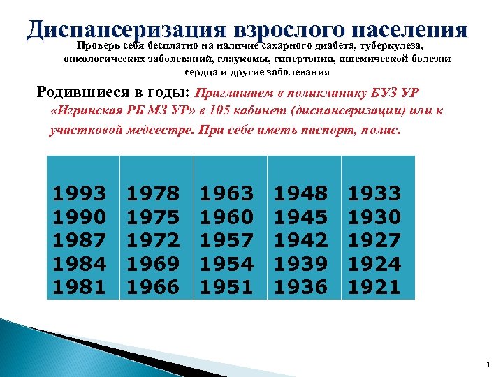 Диспансеризация какие года рождения. Диспансеризация взрослого населения. Диспансеризация таблица по возрасту. Годы по диспансеризации в 2021 году. Таблица диспансеризации по годам.