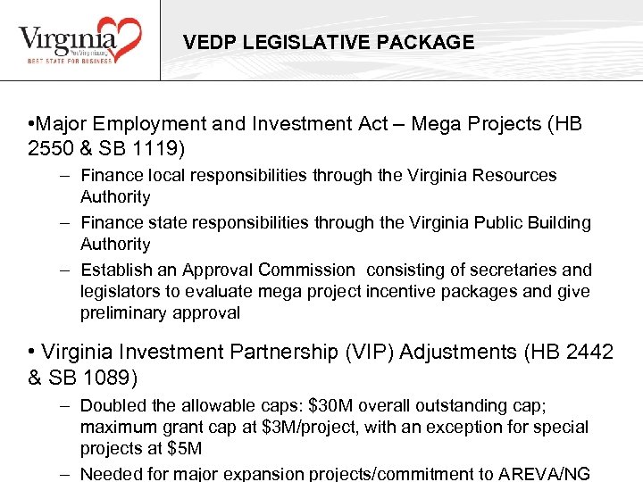 VEDP LEGISLATIVE PACKAGE • Major Employment and Investment Act – Mega Projects (HB 2550