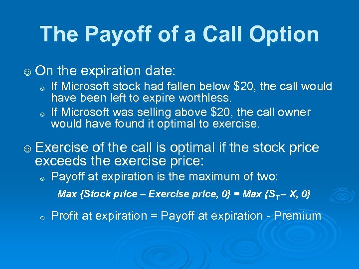 The Payoff of a Call Option ☺ On the expiration date: ☺ If Microsoft