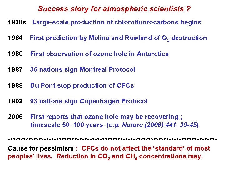 Success story for atmospheric scientists ? 1930 s Large-scale production of chlorofluorocarbons begins 1964