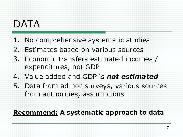 DATA 1. No comprehensive systematic studies 2. Estimates based on various sources 3. Economic