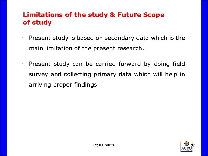 Limitations of the study & Future Scope of study - Present study is based