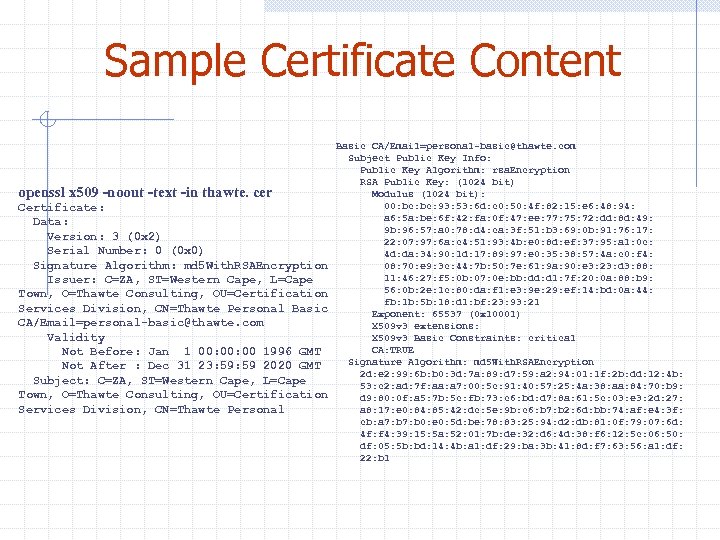 Sample Certificate Content openssl x 509 -noout -text -in thawte. cer Certificate: Data: Version: