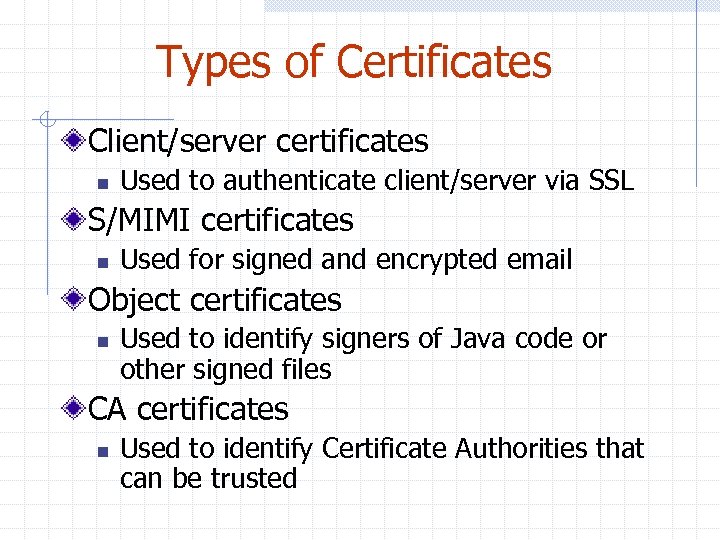 Types of Certificates Client/server certificates n Used to authenticate client/server via SSL S/MIMI certificates