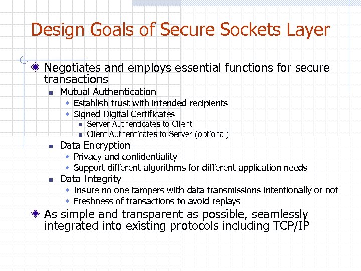 Design Goals of Secure Sockets Layer Negotiates and employs essential functions for secure transactions