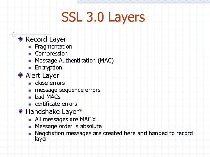 SSL 3. 0 Layers Record Layer n n Fragmentation Compression Message Authentication (MAC) Encryption