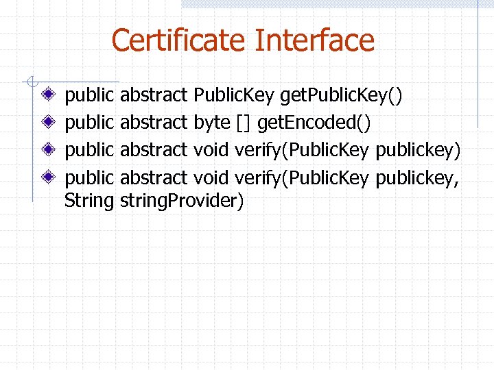 Certificate Interface public String abstract Public. Key get. Public. Key() abstract byte [] get.