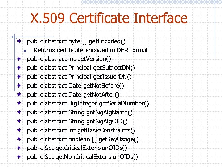 X. 509 Certificate Interface public abstract byte [] get. Encoded() n Returns certificate encoded