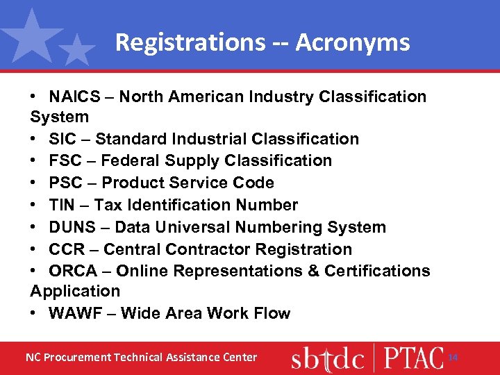 Registrations -- Acronyms • NAICS – North American Industry Classification System • SIC –