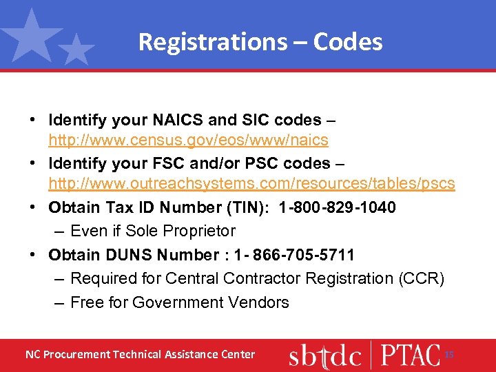 Registrations – Codes • Identify your NAICS and SIC codes – http: //www. census.