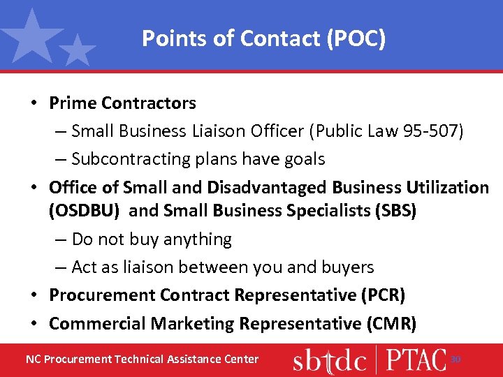 Points of Contact (POC) • Prime Contractors – Small Business Liaison Officer (Public Law