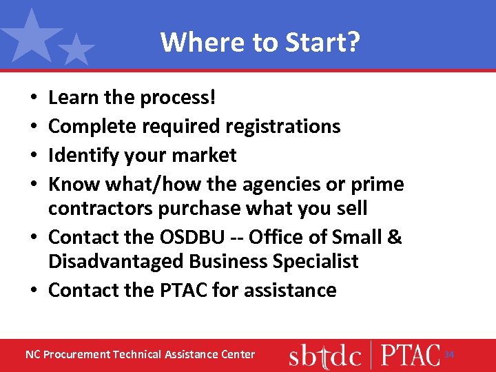 Where to Start? Learn the process! Complete required registrations Identify your market Know what/how