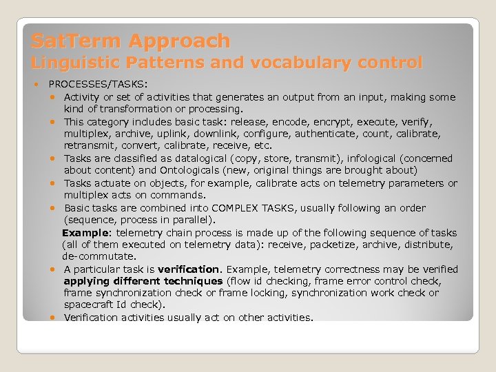 Sat. Term Approach Linguistic Patterns and vocabulary control PROCESSES/TASKS: Activity or set of activities