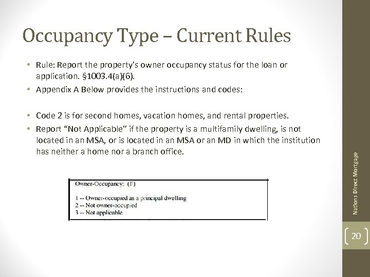Occupancy Type – Current Rules • Code 2 is for second homes, vacation homes,