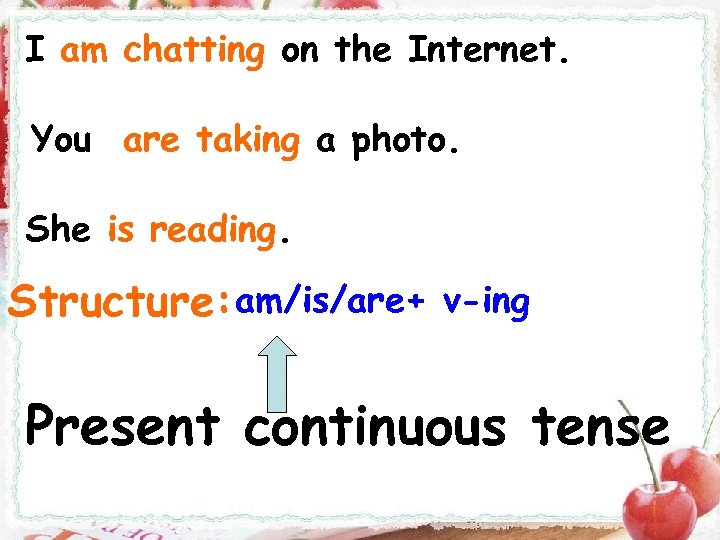 I am chatting on the Internet. You are taking a photo. She is reading.