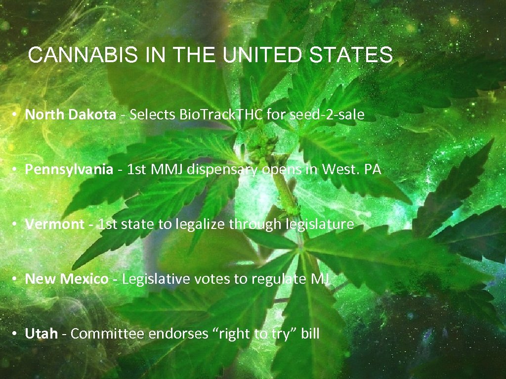 CANNABIS IN THE UNITED STATES • North Dakota - Selects Bio. Track. THC for
