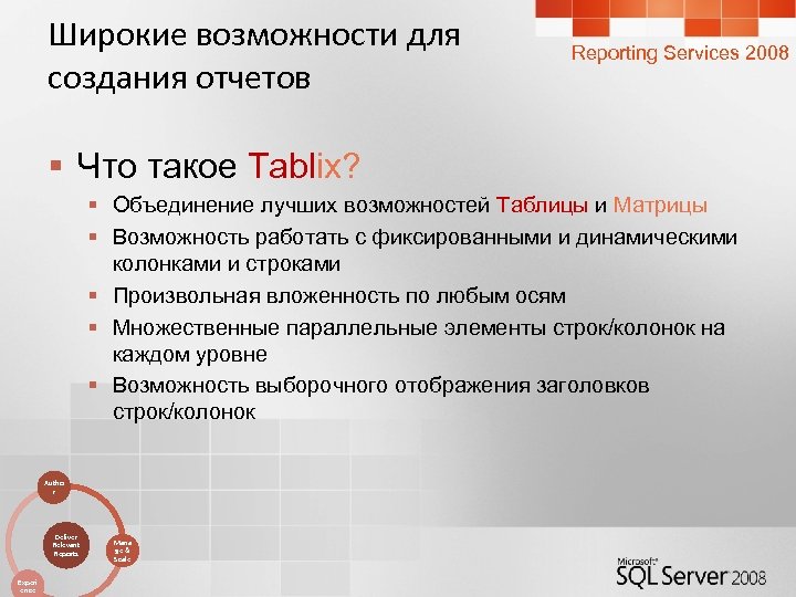 Широкие возможности для создания отчетов Reporting Services 2008 § Что такое Tablix? § Объединение