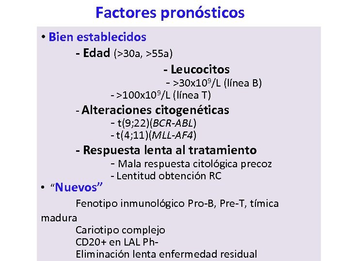 Factores pronósticos • Bien establecidos - Edad (>30 a, >55 a) - Leucocitos -