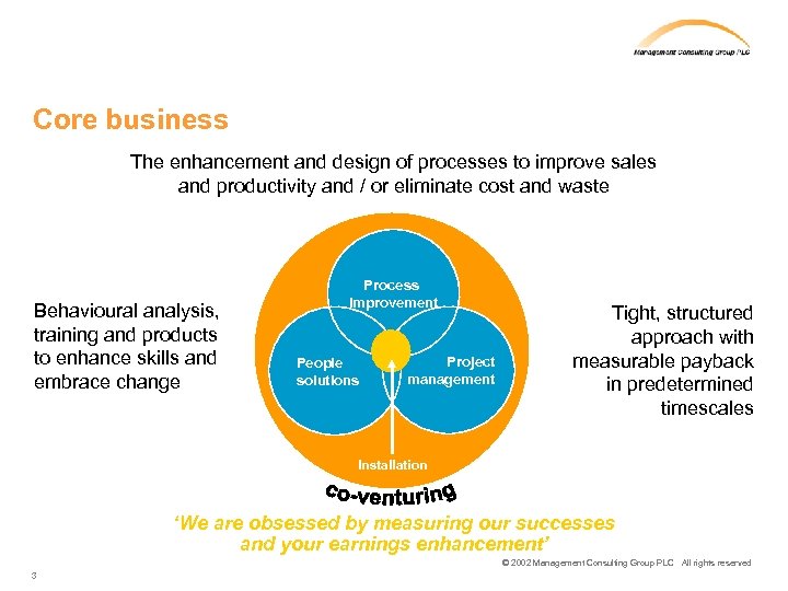 Core business The enhancement and design of processes to improve sales and productivity and