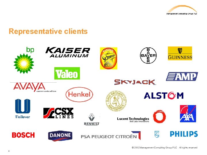 Representative clients © 2002 Management Consulting Group PLC All rights reserved 4 