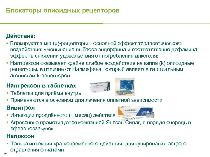 Блокаторы опиоидных рецепторов Действие: • Блокируются мю (µ)-рецепторы – основной эффект терапевтического воздействия: уменьшение