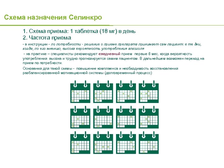 Схема назначения Селинкро 1. Схема приема: 1 таблетка (18 мг) в день 2. Частота