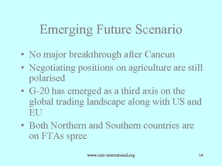 Emerging Future Scenario • No major breakthrough after Cancun • Negotiating positions on agriculture