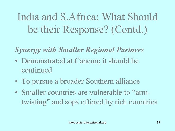 India and S. Africa: What Should be their Response? (Contd. ) Synergy with Smaller