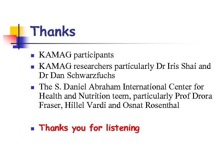 Thanks n n KAMAG participants KAMAG researchers particularly Dr Iris Shai and Dr Dan