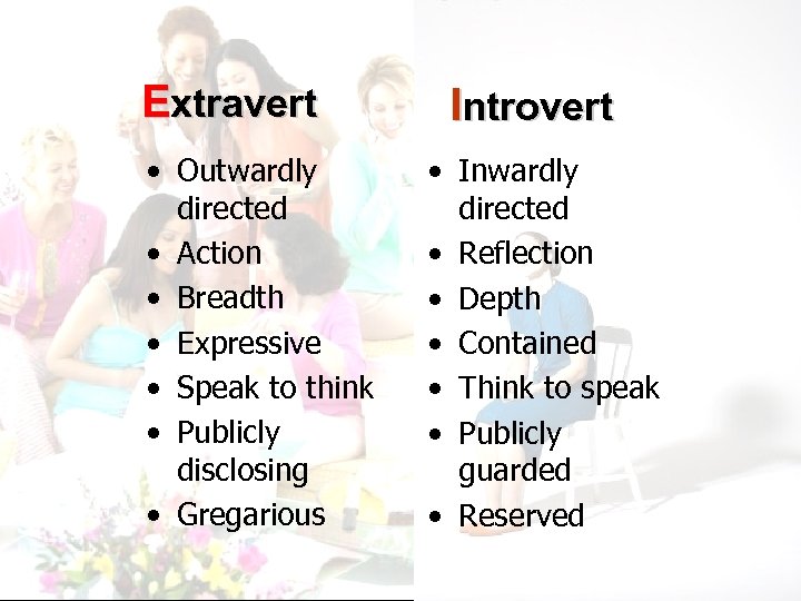 Extravert • Outwardly directed • Action • Breadth • Expressive • Speak to think