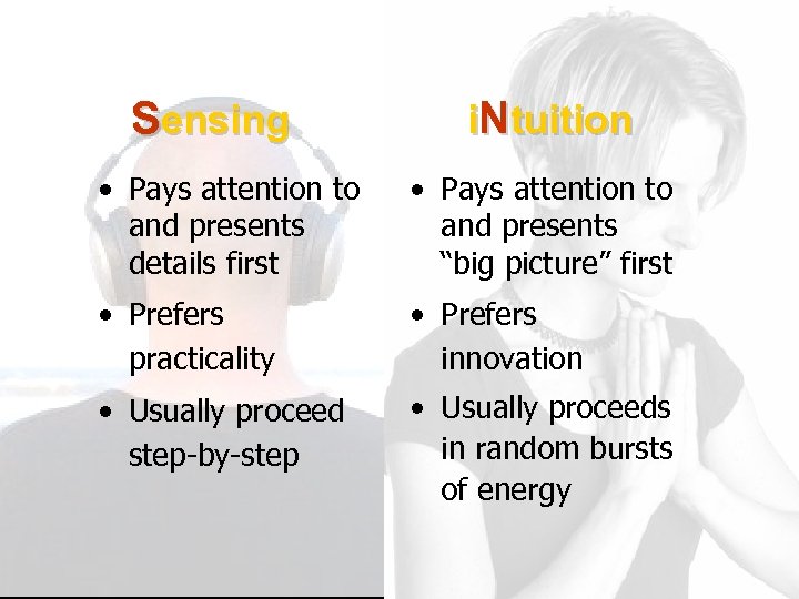 Sensing i. Ntuition • Pays attention to and presents details first • Pays attention