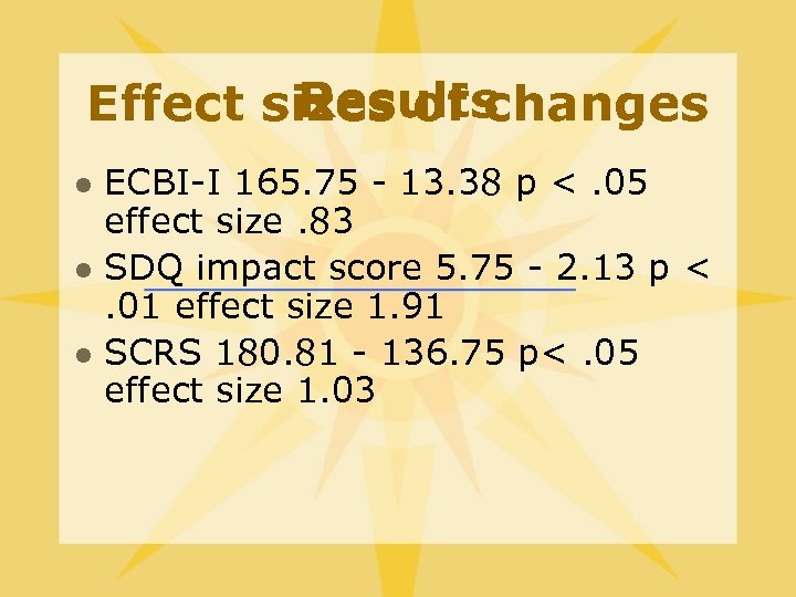 Results Effect sizes of changes l l l ECBI-I 165. 75 - 13. 38