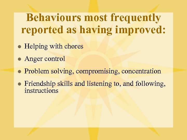 Behaviours most frequently reported as having improved: l Helping with chores l Anger control