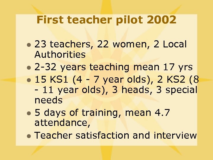 First teacher pilot 2002 l l l 23 teachers, 22 women, 2 Local Authorities