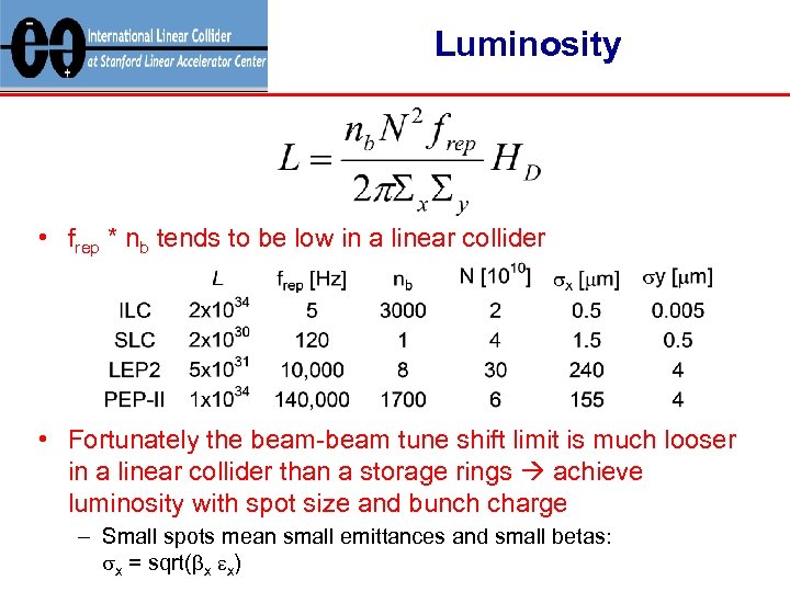 Luminosity • frep * nb tends to be low in a linear collider •