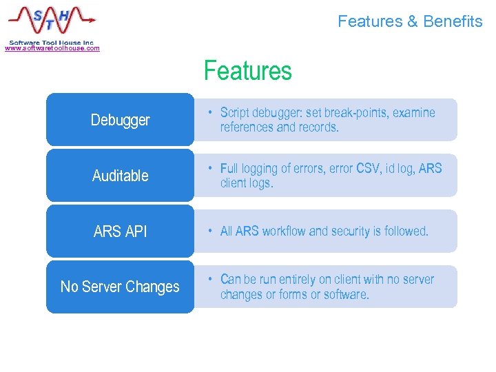 Features & Benefits www. softwaretoolhouse. com Features Debugger • Script debugger: set break-points, examine