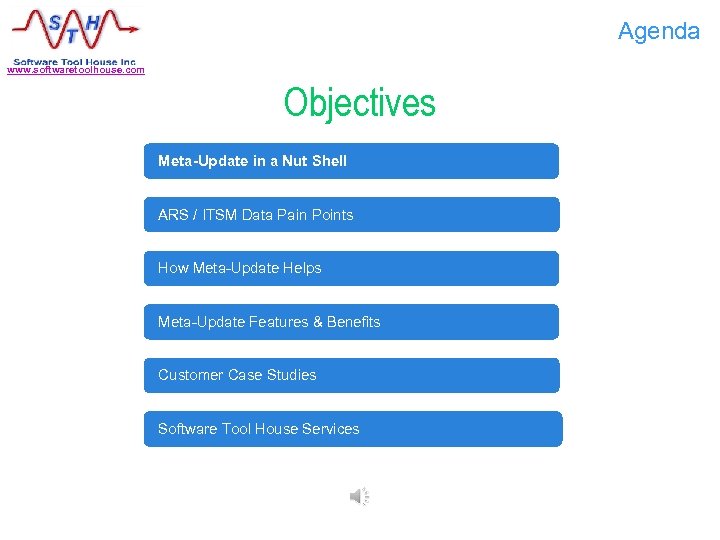 Agenda www. softwaretoolhouse. com Objectives Meta-Update in a Nut Shell ARS / ITSM Data